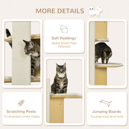 Cat Tree for Indoor Cats, Four-Layer Wall-Mounted Shelf, Cat Wall Furniture, Kitten Perch Climber Furniture w/ Cushions, Scratching Board - Oak Tone