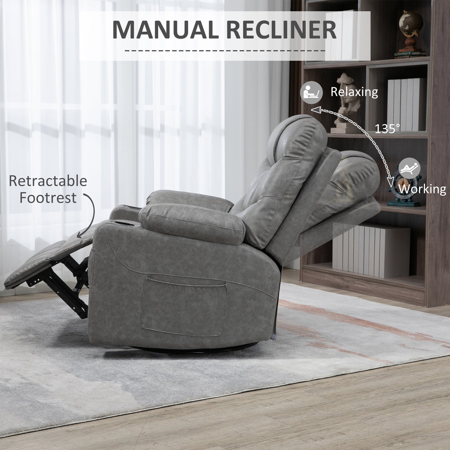Manual Recliner Chair, Overstuffed PU Leather Recliner Armchair with Footrest, Cup Holders, Side Pockets, 360¬¨¬®¬¨¬Æ‚Äö√Ñ√∂‚àö‚Ä†‚àö¬™ Swivel for Living Room Bedroom, Light Grey