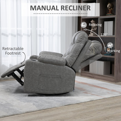 Manual Recliner Chair, Overstuffed PU Leather Recliner Armchair with Footrest, Cup Holders, Side Pockets, 360¬¨¬®¬¨¬Æ‚Äö√Ñ√∂‚àö‚Ä†‚àö¬™ Swivel for Living Room Bedroom, Light Grey