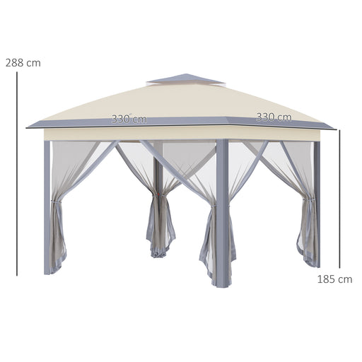 Outsunny 330cm x 330cm Pop Up Canopy, Double Roof Foldable Canopy Tent with Zippered Mesh Sidewalls, Height Adjustable and Carrying Bag, Event Tent for Patio Garden Backyard, Beige