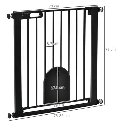 Dog Gate with Cat Flap Pet Safety Gate Barrier, Stair Pressure Fit, Auto Close, Double Locking, for Doorways, Hallways, 75-82 cm Black