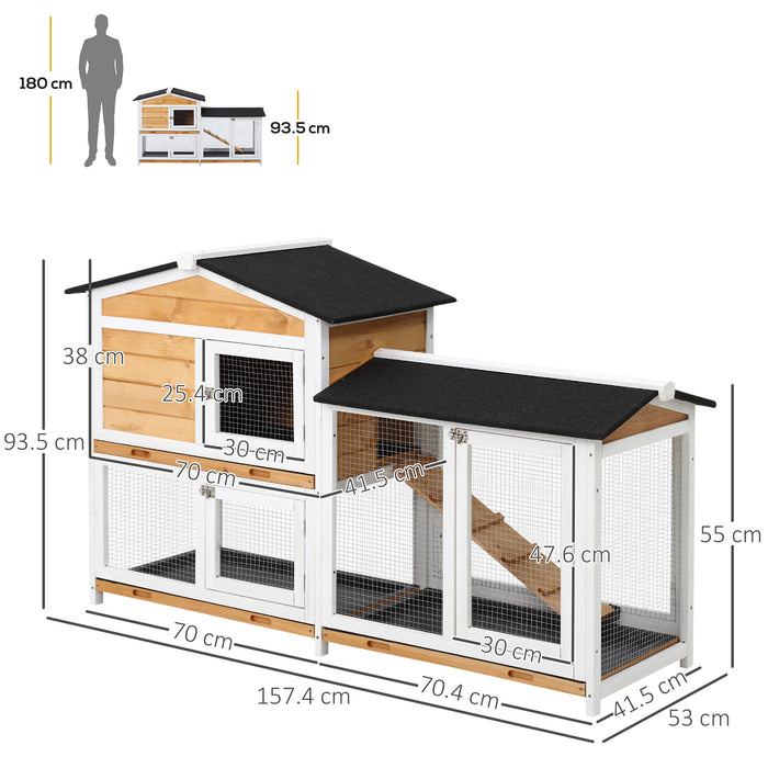 2-Tier Rabbit Hutch Wooden Guinea Pig House Pet Cage Outdoor w/ Sliding-out Tray Ramp, 157.4x53x93.5cm, Yellow