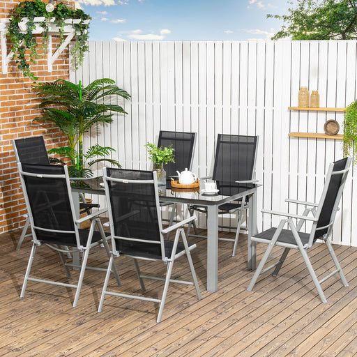 Outsunny 7 Piece Garden Dining Set, Outdoor Table and 6 Folding and Reclining Chairs, Aluminium Frame, Tempered Glass Top Table, Texteline Seats, Black