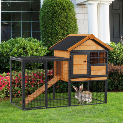 Wood-metal Rabbit Hutch Elevated Guinea Pig House Pet Bunny Cage with Slide-Out Tray Lockable Door Outdoor 122 x 63 x 92cm Light Yellow