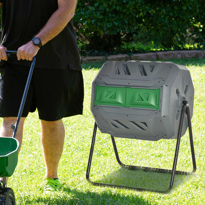 160L Tumbling Compost Bin Outdoor Dual Chamber 360° Rotating Composter w/ Sliding Doors & Solid Steel Frame, Grey