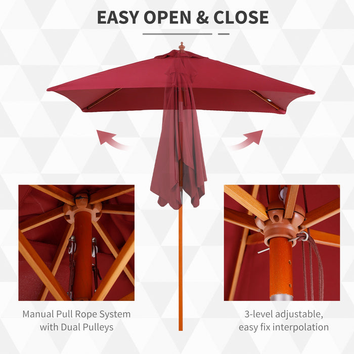 2 x 1.5m Patio Garden Parasol Sun Umbrella Sunshade Canopy Outdoor Backyard Furniture Fir Wooden Pole 6 Ribs Tilt Mechanism - Wine Red