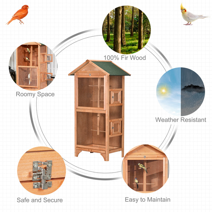 Wooden Bird Aviary Outdoor Bird Cage for Finch, Canary w/ Removable Tray, Asphalt Roof - Orange