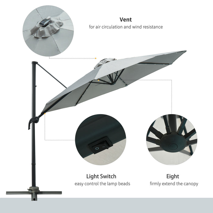 3(m) Cantilever Roma Parasol Patio Sun Umbrella with LED Solar Light Cross Base 360° Rotating Outdoor, Grey