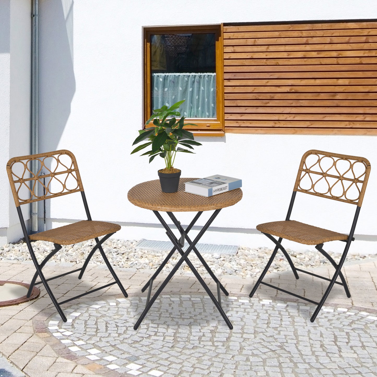 Outsunny 3 PCS Rattan Wicker Bistro Set with Easy Folding, Hand Woven Rattan Coffee Table and Chairs for Outdoor Lawn, Pool, Balcony & Garden, Natural