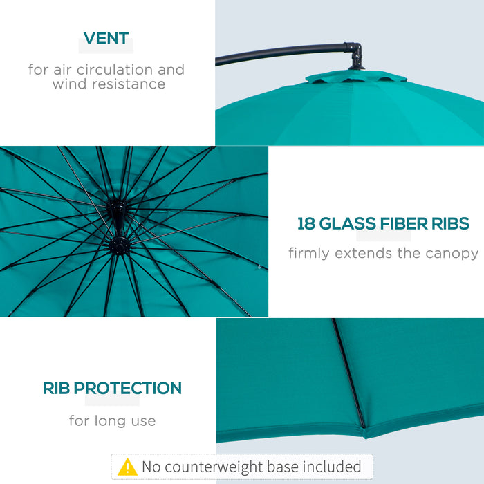 3(m) Cantilever Shanghai Parasol Garden Hanging Banana Sun Umbrella with Crank Handle, 18 Sturdy Ribs and Cross Base, Turquoise