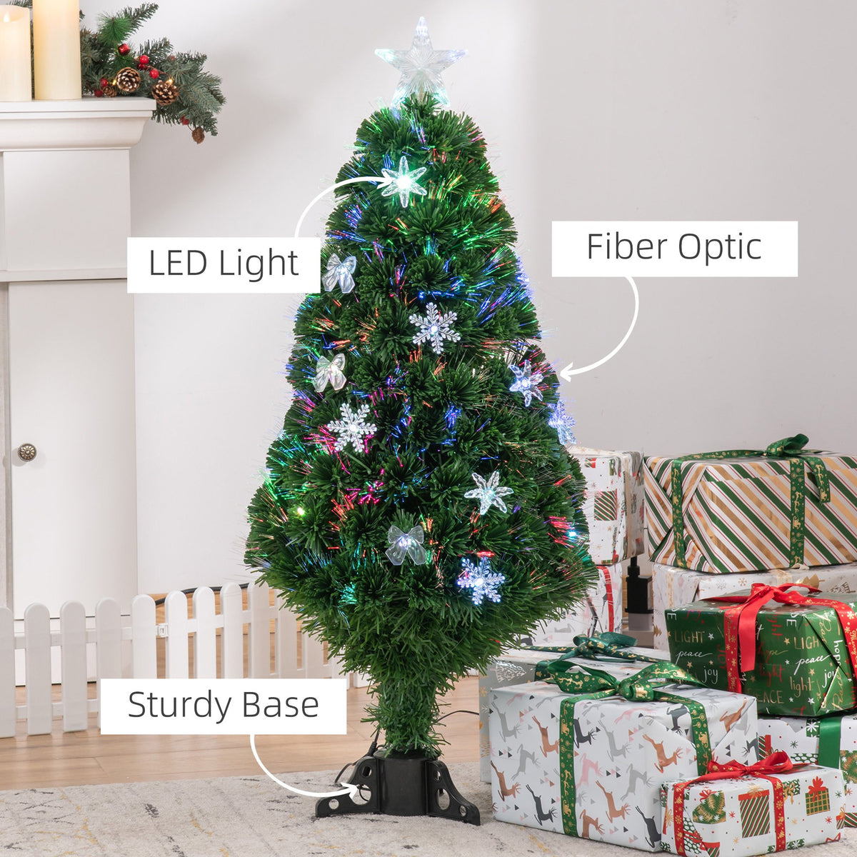 4ft Pre-Lit Fibre Optic Christmas Tree with Multicolour LEDs, Bows & Star
