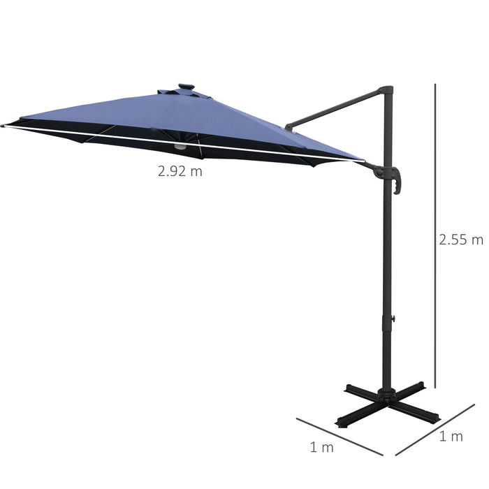 3(m) Cantilever Roma Parasol Garden Sun Umbrella Outdoor Patio with LED Solar Light Cross Base 360° Rotating, Blue