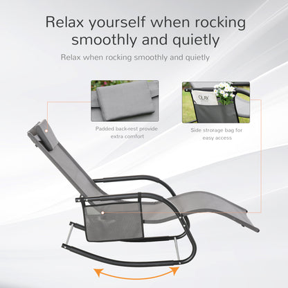 Breathable Mesh Rocking Chair Patio Rocker Lounge for Indoor & Outdoor Recliner Seat w/ Removable Headrest for Garden and Patio Grey