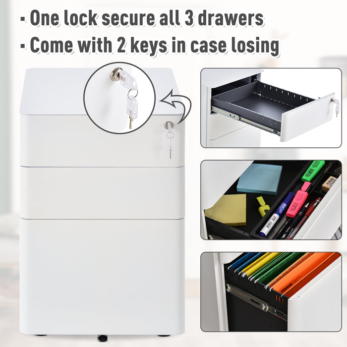 Fully Assembled 3 Drawer Steel Metal Filing Cabinet Lockable Rolling Vertical File Cabinet White