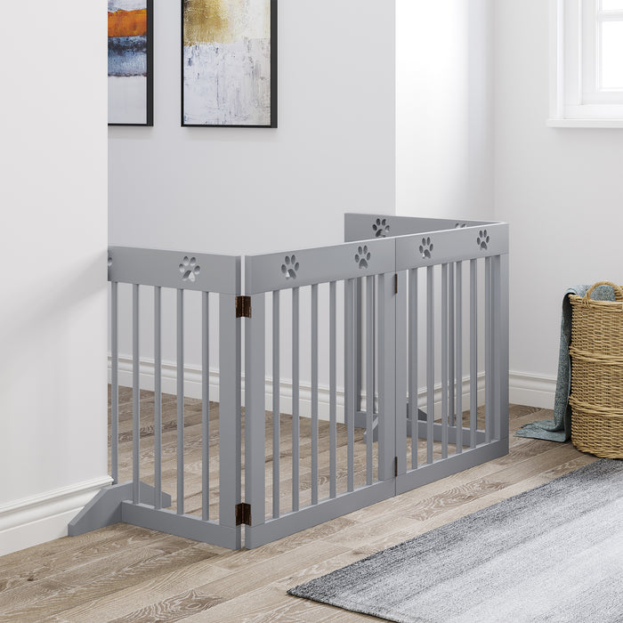 Freestanding Pet Gate 4 Panel Wooden Dog Barrier Folding Safety Fence with Support Feet up to 204cm Long 61cm Tall for Doorway Stairs Grey