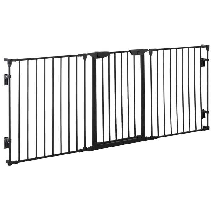 Pet Safety Gate 3-Panel Playpen Fireplace Christmas Tree Metal Fence Stair Barrier Room Divider with Walk Through Door Automatically Close Lock Black