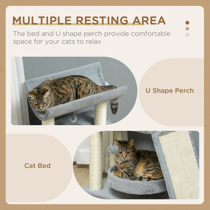 Cat Tree for Indoor Cats with Scratching Posts Pad, Kitten Tower with Bed Perch Ball Toy, 60 x 30 x 76 cm, Light Grey