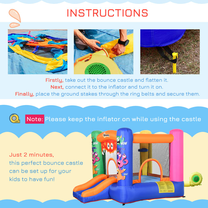 Kids Bounce Castle House Inflatable Trampoline Slide Basket with Blower for Kids Age 3-8 Monster Design 2.5 x 1.8 x 1.75m Multi-color