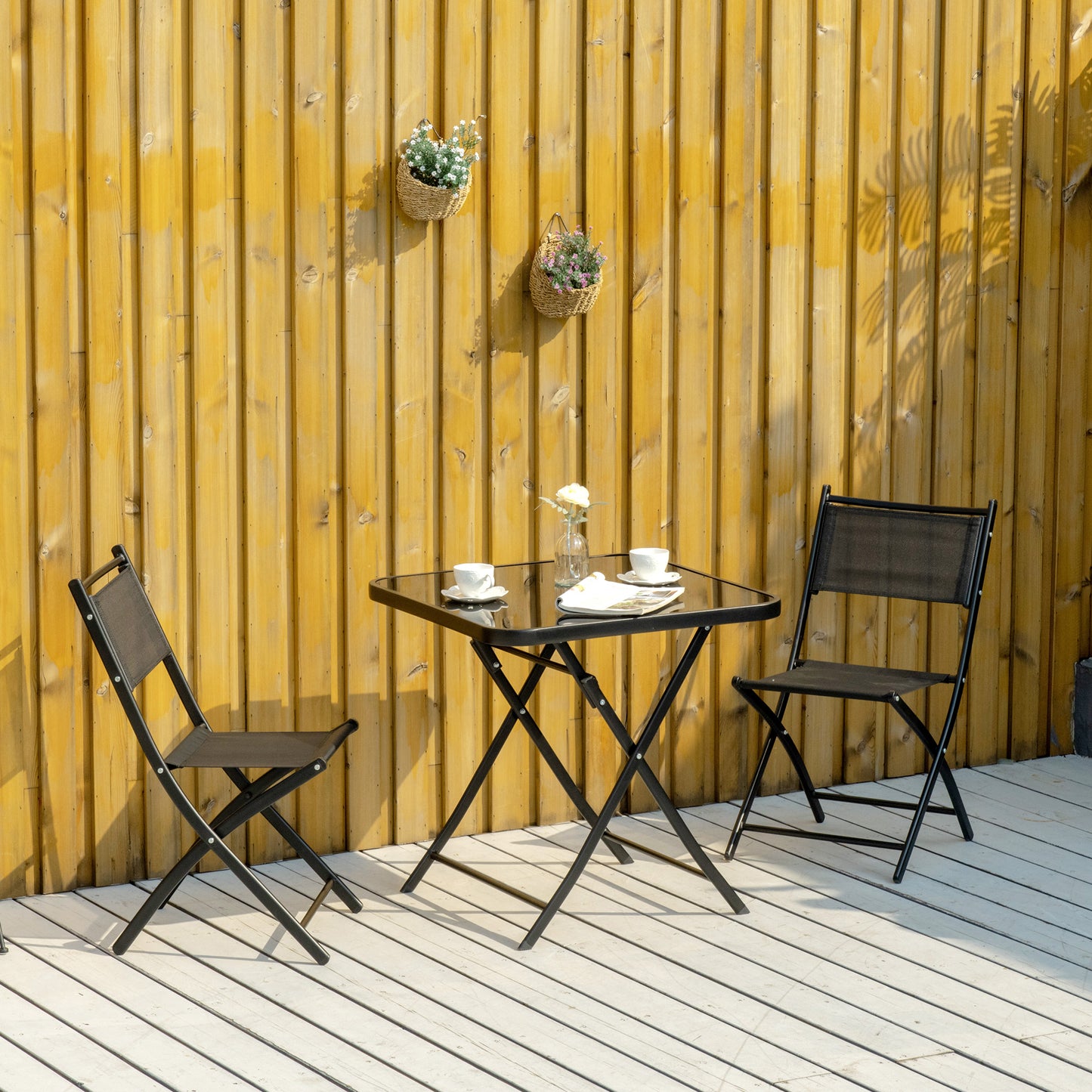 3 Pieces Patio Table and Chairs, Folding Patio Table and 2 Chairs, Outdoor Furniture Set for Backyard and Porch, Black