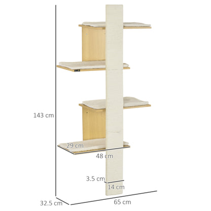 Cat Tree for Indoor Cats, Four-Layer Wall-Mounted Shelf, Cat Wall Furniture, Kitten Perch Climber Furniture w/ Cushions, Scratching Board - Oak Tone