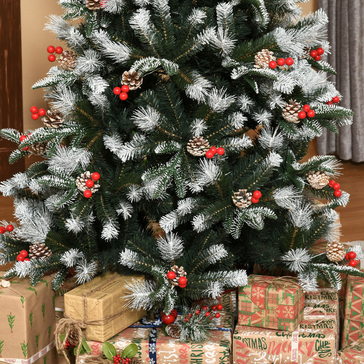 6ft Snow-Flecked Artificial Christmas Tree with Red Berries, Pinecones & 678 Tips