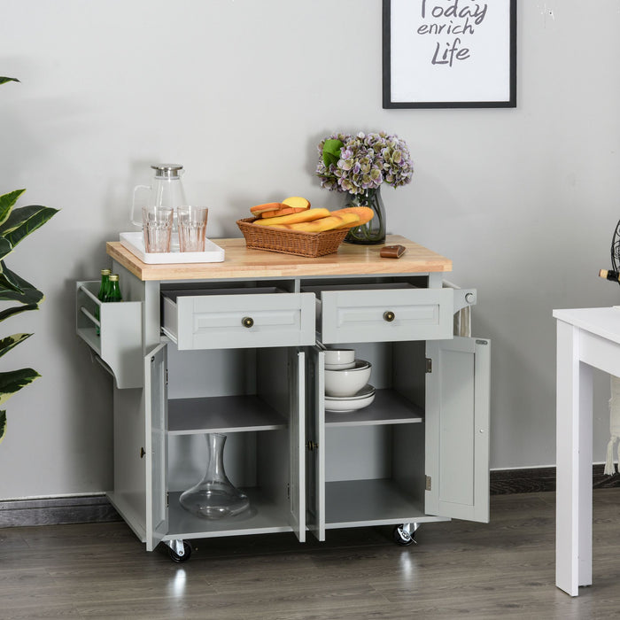 HOMCOM Rolling Kitchen Island Storage Trolley with Rubber Wood Top & Drawers for Dining Room, Grey