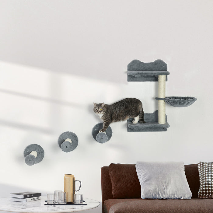 Four-Piece Cat Shelf with Scratching Post, Wall-Mounted Cat Tree for Indoor Cat - Grey