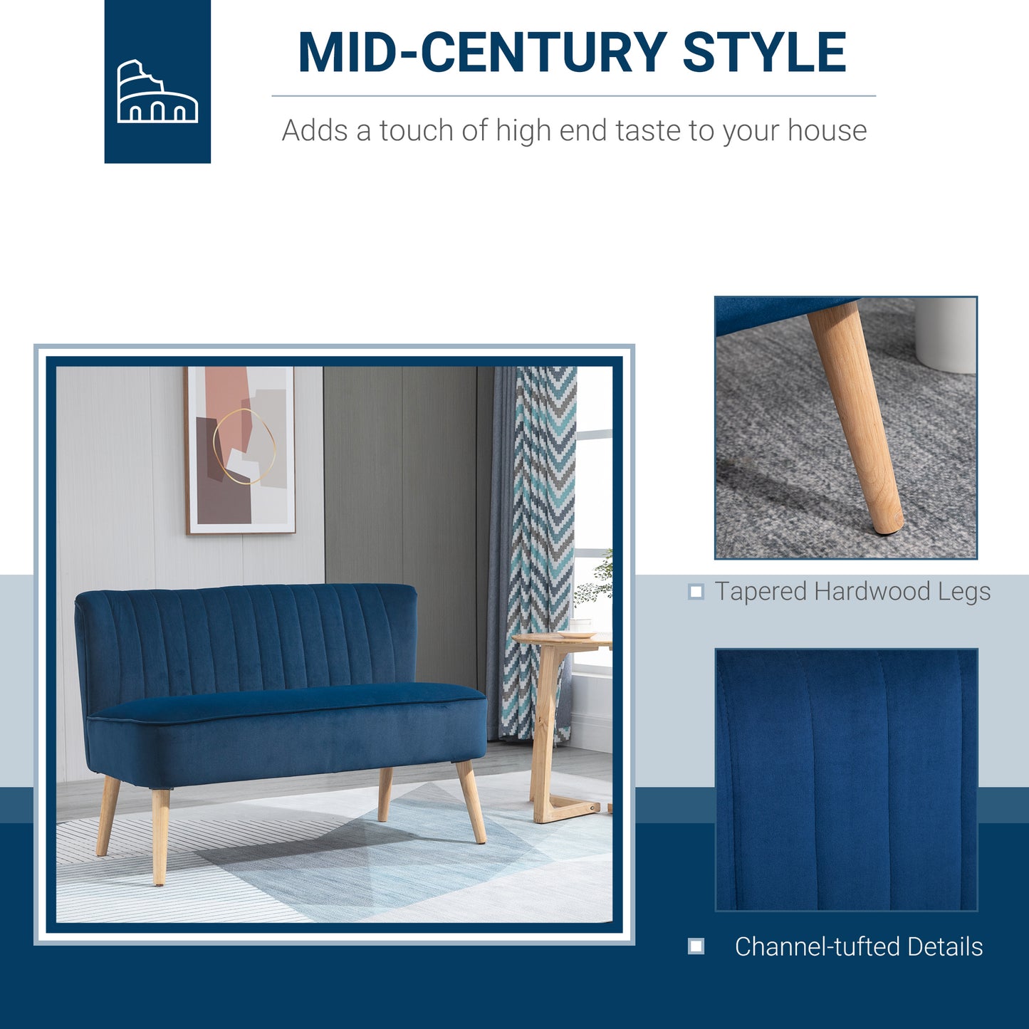 Modern Velvet Double Seat Sofa w/ Wood Frame Foam Padding High Back Soft Comfortable Compact Couch Home Office Stylish Plush Touch Blue