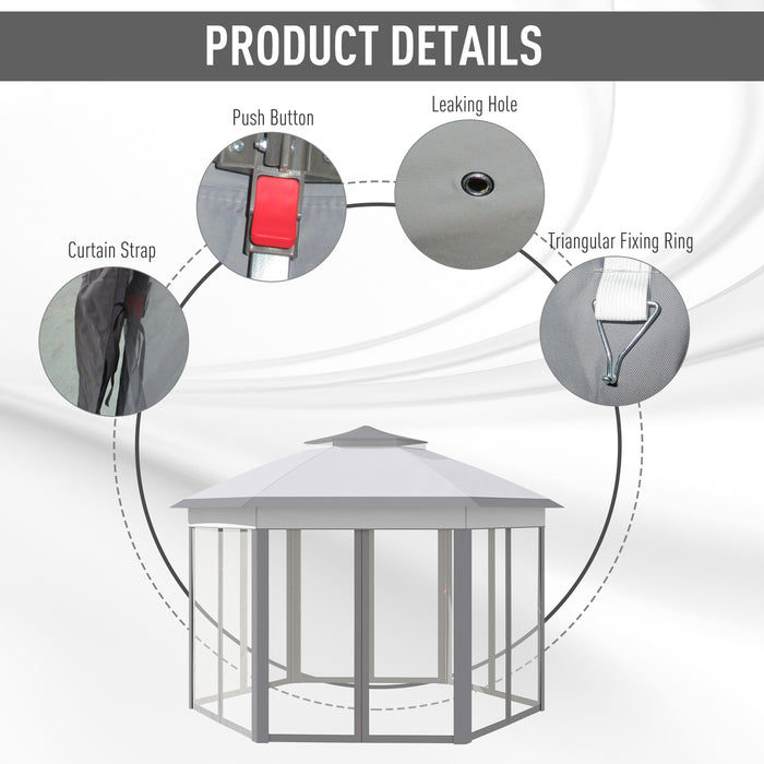 Hexagon Patio Gazebo Pop Up Gazebo Outdoor Double Roof Instant Shelter with Netting, 4m x 4m, Grey