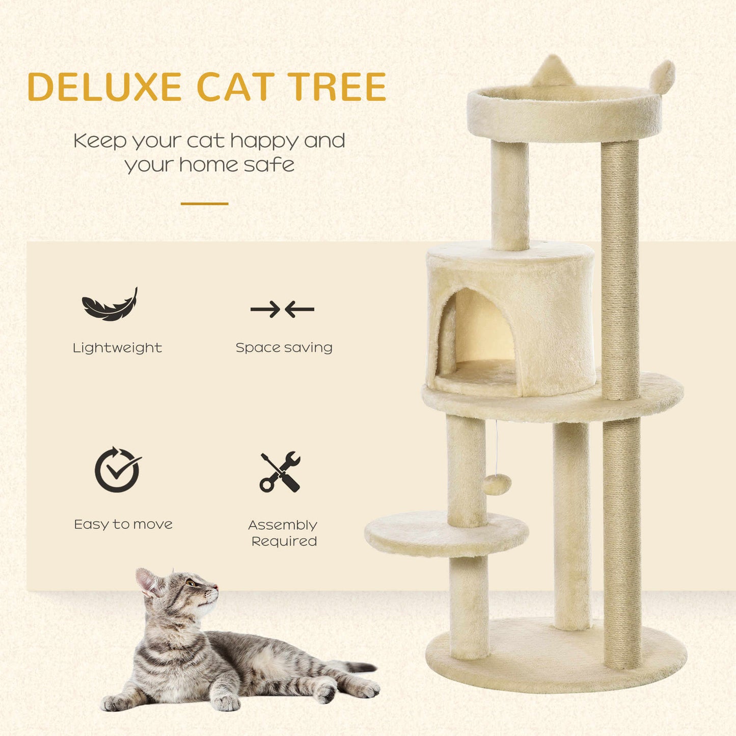 104 cm Cat Tree, Cat Condo Tree Tower, Cat Activity Centre with Scratching Posts, Plush Perch, Hanging Ball - Beige