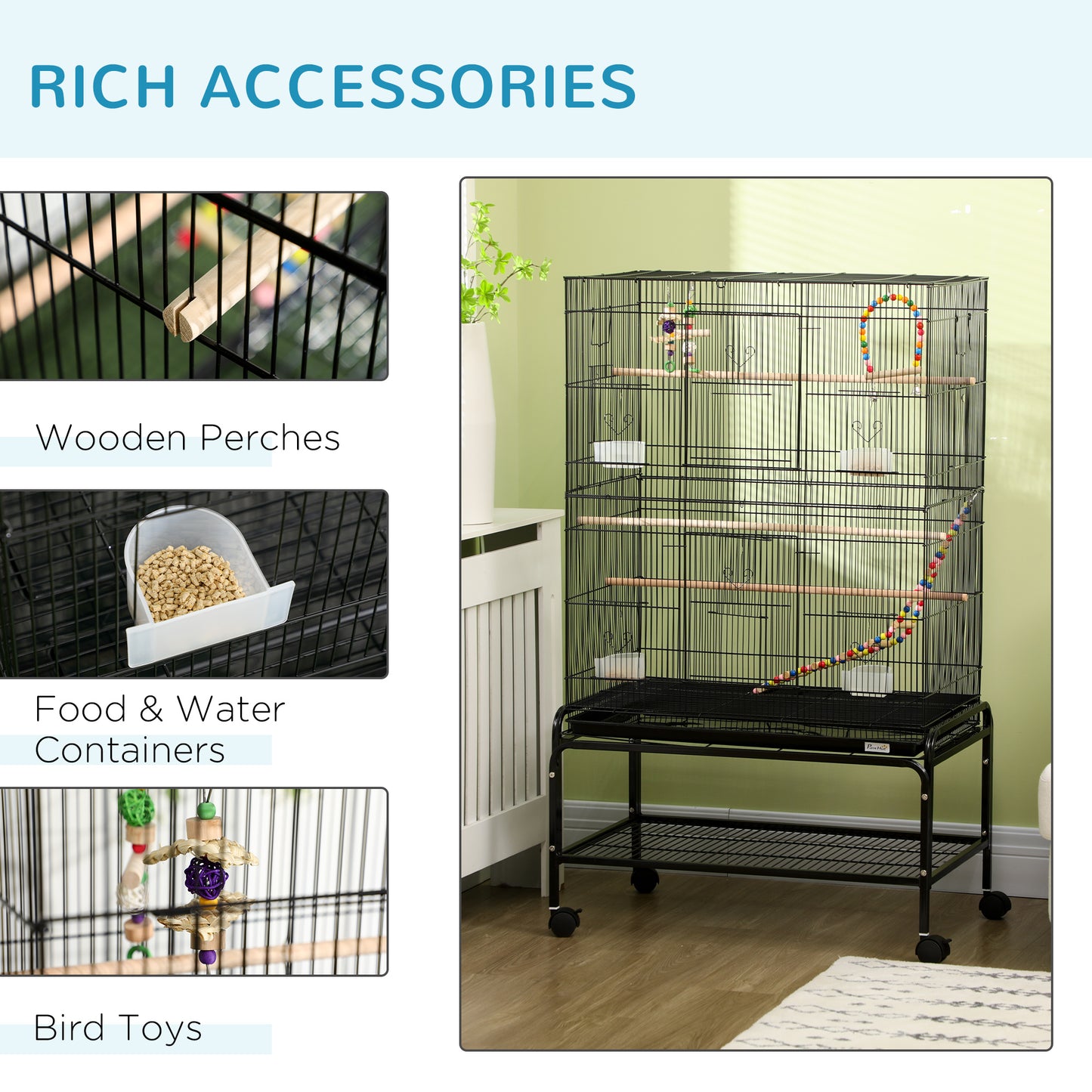 Bird Cage with Stand, Toys, Wheels, for Canaries, Finches, Lovebirds, Parakeets, Budgie Cage with Accessories, Storage Shelf - Black