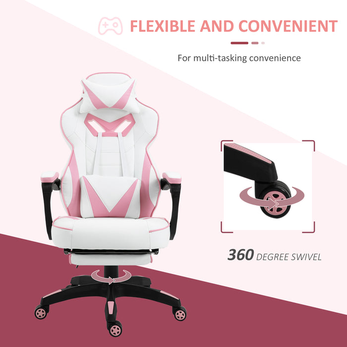 Ergonomic Racing Gaming Chair Office Desk Chair Adjustable Height Recliner with Wheels, Headrest, Lumbar Support, Retractable Footrest, Pink