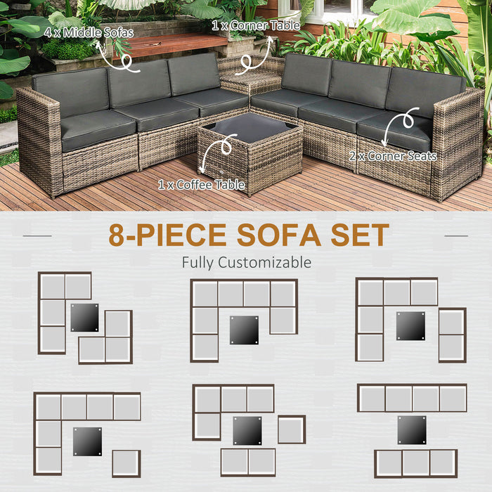 8 pcs Rattan Garden Furniture Patio Sofa and Table Set with Cushions 6 Seater Corner Outdoor Wicker Seat with Storage, Mixed Brown