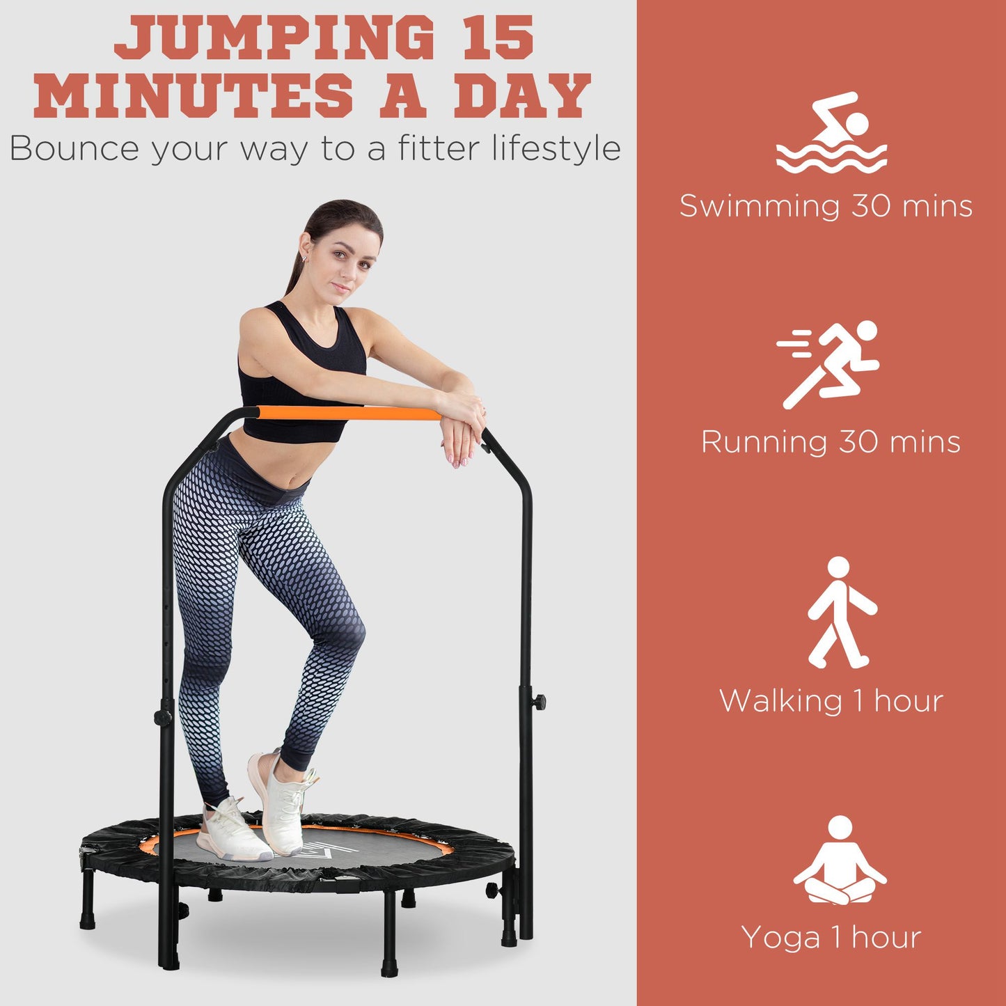 HOMCOM 40" Foldable Mini Trampoline Fitness Trampoline Rebounder for Adults w/ Adjustable Foam Handle, for Indoors, Outdoors, Cardio Training