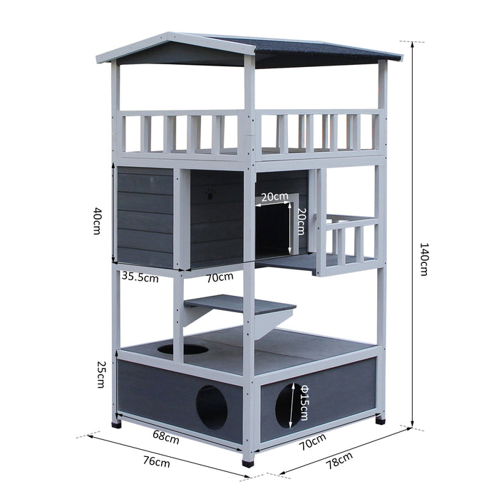 Wooden Outdoor Cat House 3-Tier for Winter Kitten Shelter Lodge w/ Tilted Roof Terrace Jump Step Bottom Tray Elevated Base Waterproof Paint Grey