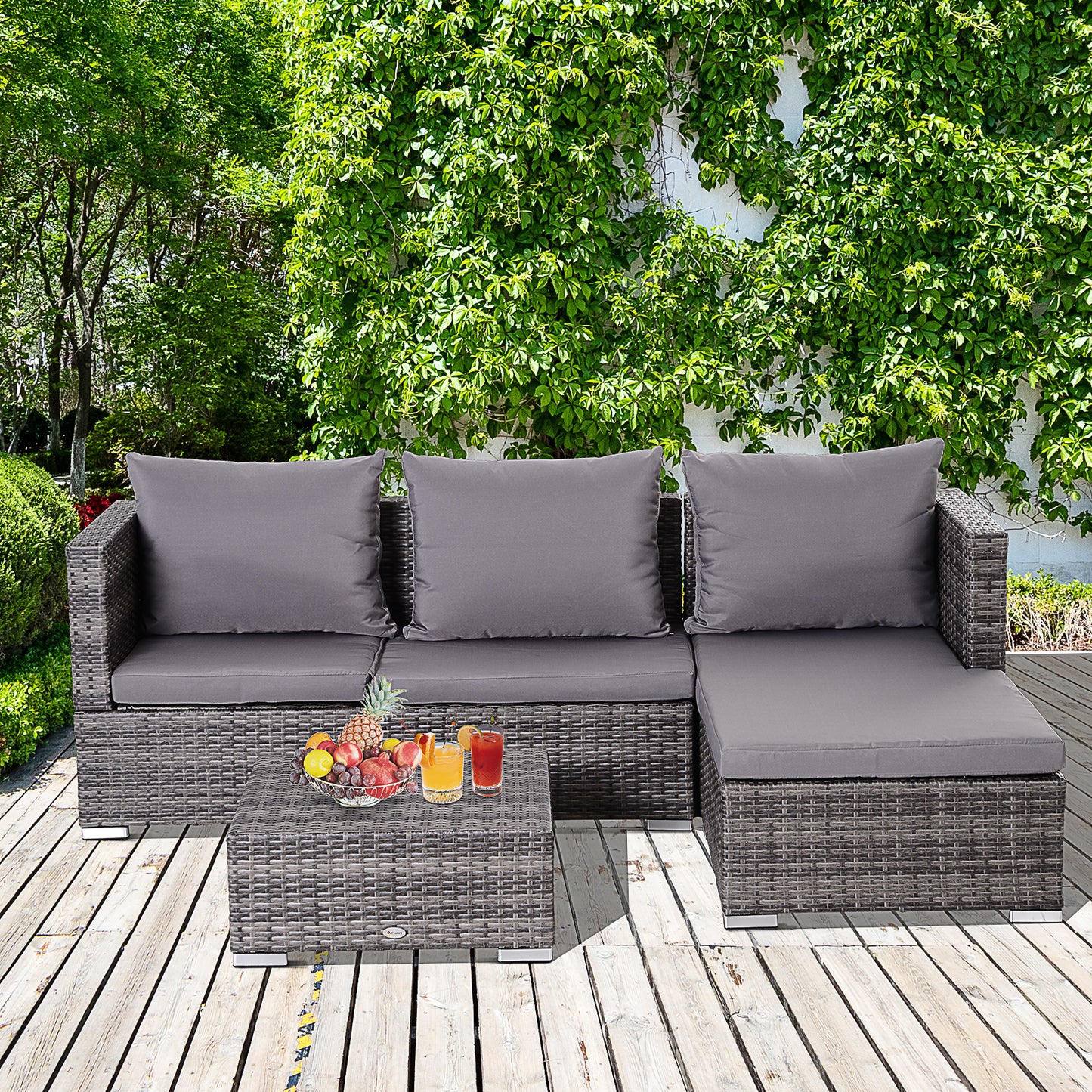 3PC Rattan Garden Furniture Storage Set 4 Seater Wicker Coffee Table Conservatory Sun Lounger Reclining Set Outdoor Weave with Cushion Grey