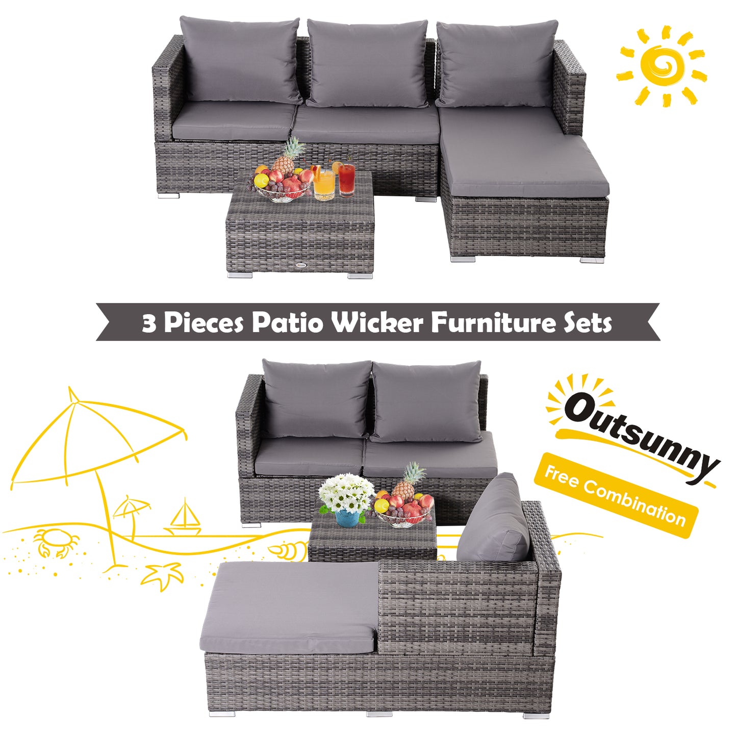 3PC Rattan Garden Furniture Storage Set 4 Seater Wicker Coffee Table Conservatory Sun Lounger Reclining Set Outdoor Weave with Cushion Grey