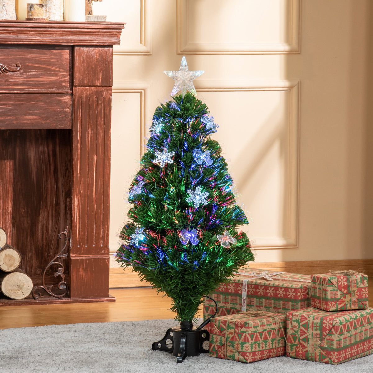 3ft Pre-Lit Fibre Optic Christmas Tree with Multicolour LEDs, Bows & Star