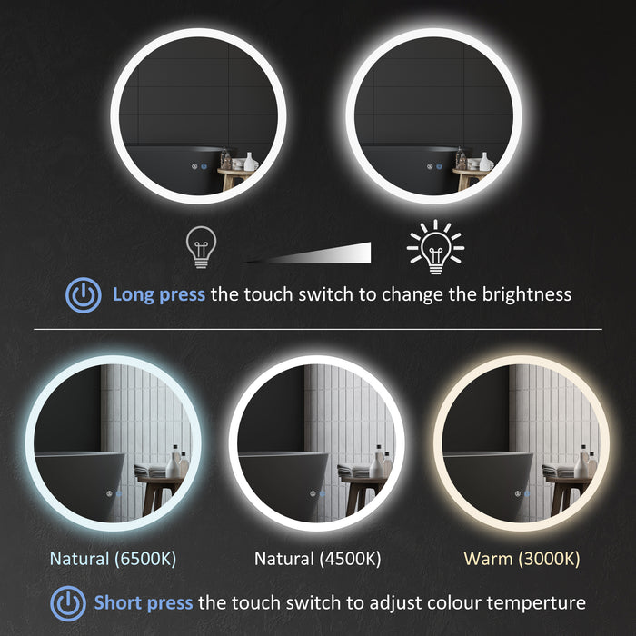 Kleankin Round Bathroom Mirror with LED Lights, 3 Temperature Colours, Defogging Film, Aluminium Frame, Hardwired, 60 x 60 cm