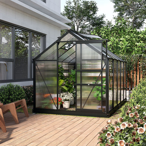 Outsunny 6 x 10ft Polycarbonate Greenhouse, Large Walk-In Green House with Slide Door and Window, Garden Plants Grow House with Aluminium Frame and Foundation, Grey