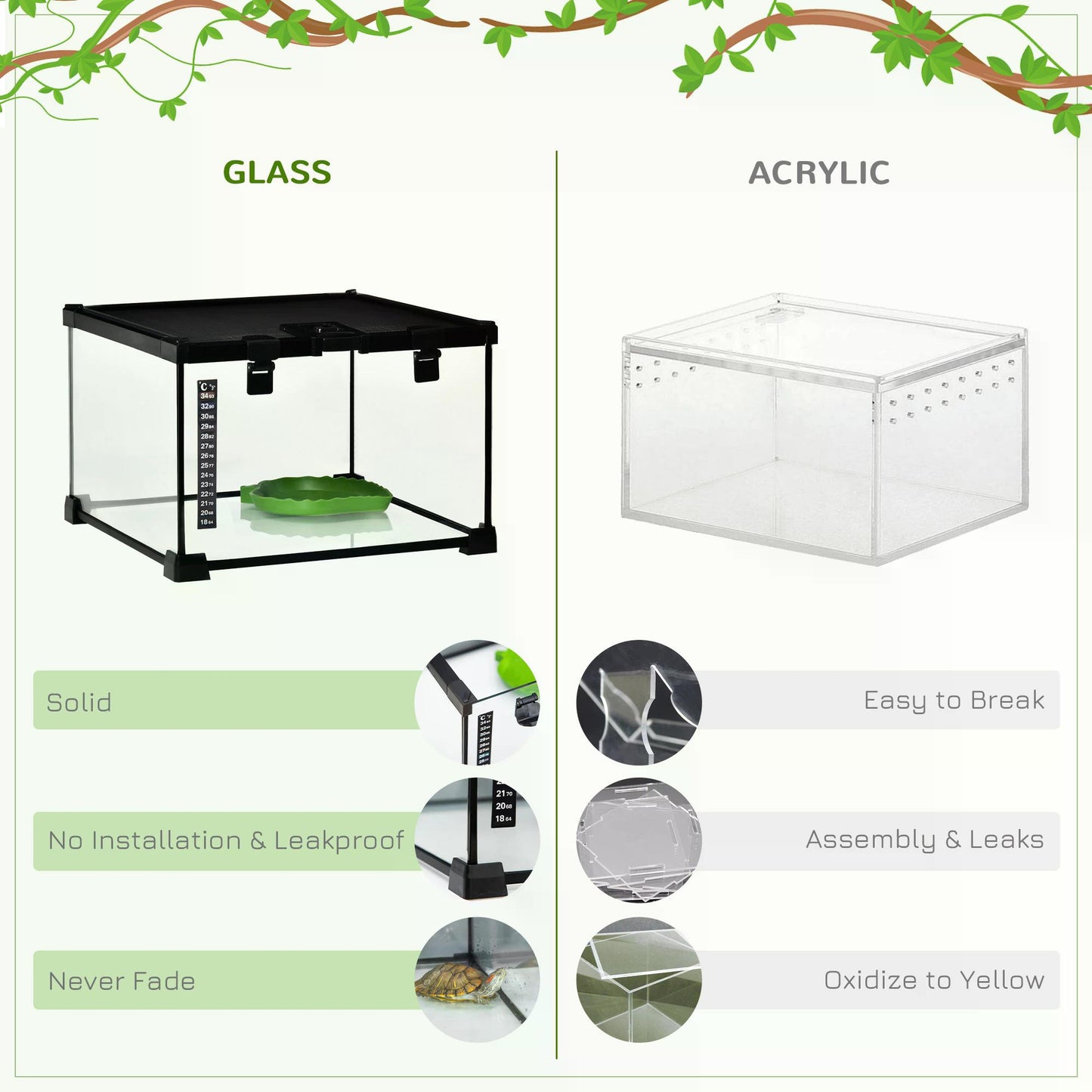 Glass Reptile Terrarium Insect Breeding Tank Vivarium Habitats with Thermometer for Lizards, Horned Frogs, Snakes, Spiders - Small 30 x 30 x 20cm