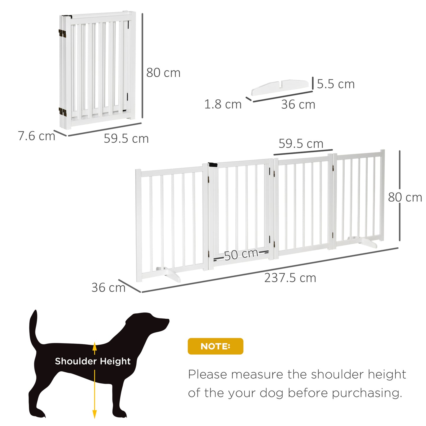Freestanding Pet Gate for Small and Medium Dogs, Wooden Foldable Dog Safety Barrier with 4 Panels, 2 Support Feet, 80 cm Tall for Doorways, Stairs White