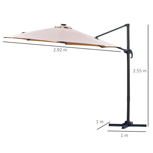 3(m) Cantilever Roma Parasol Garden Sun Umbrella with LED Solar Light Cross Base 360° Rotating, Brown