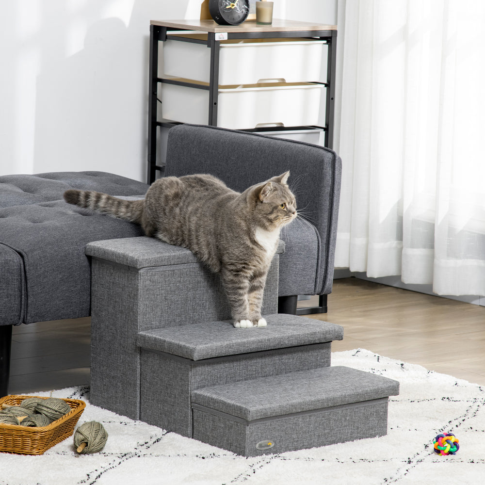 3 Step Dog Steps with Storage Boxes, Cat Stairs for Bed, Pet Ladder for Couch, Sofa - Grey