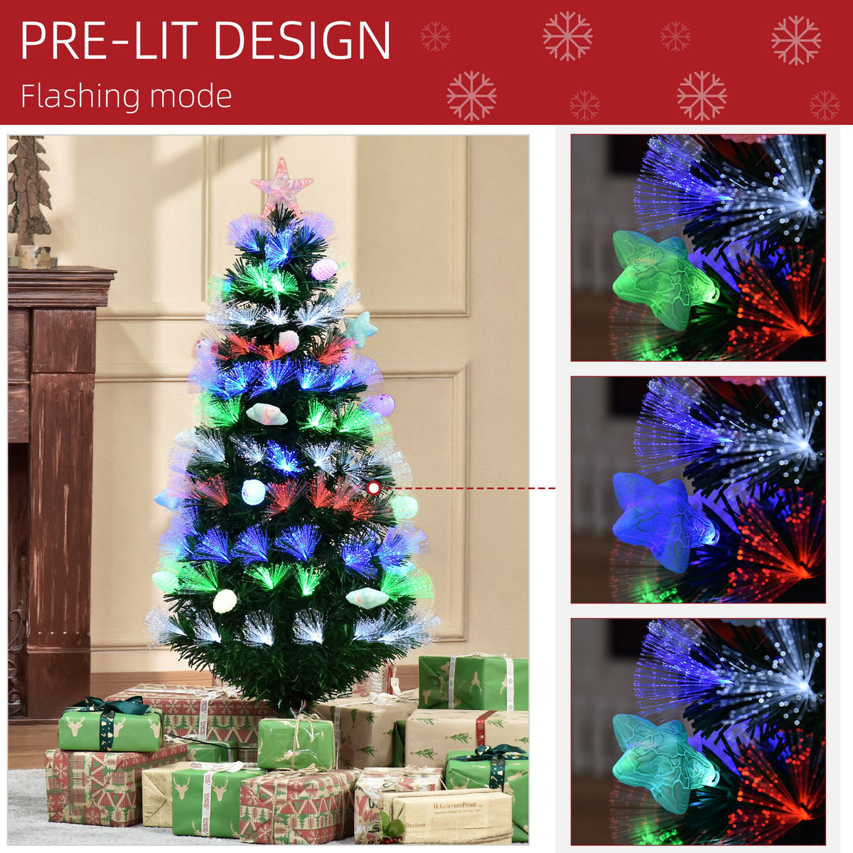 4ft Pre-Lit Fibre Optic Christmas Tree with 130 Multicolour LEDs & Baubles