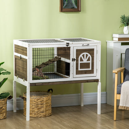 Wooden Rabbit Hutch, Elevated Guinea Pig Cage w/ Openable Roof, Ladder, Removable Tray, 90 x 53 x 87cm - Brown