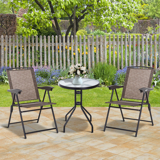 3 Piece Patio Furniture Garden Bistro Set Outdoor 2 Folding Chairs 1 Tempered Glass Table  Adjustable Backrest Metal - Brown